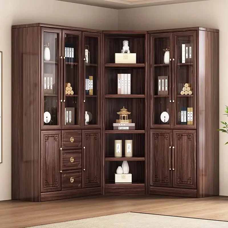 New Chinese style black walnut solid wood bookshelf, home floor to ceiling glass door storage cabinet