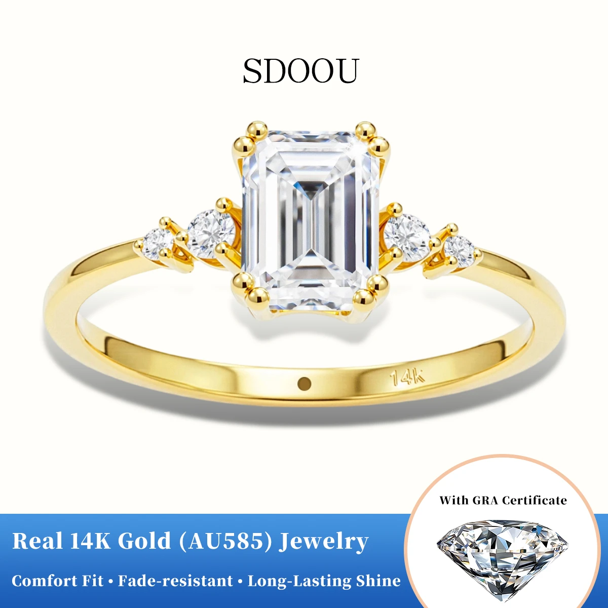 

SDOOU Emerald Cut 5 Stone 1ct Moissanite Rings D VVS1 for Women Real 14k Gold Ring Thanks giving Valentine's Day Jewelry Gift