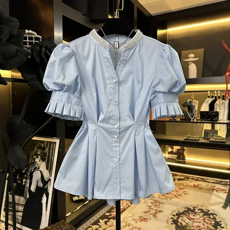 

Fashion All-match Beading O-neck Blouses 2025 Summer New Shirts Women Y2k Slim Waist Ruched Short Sleeve Blusas Mujer