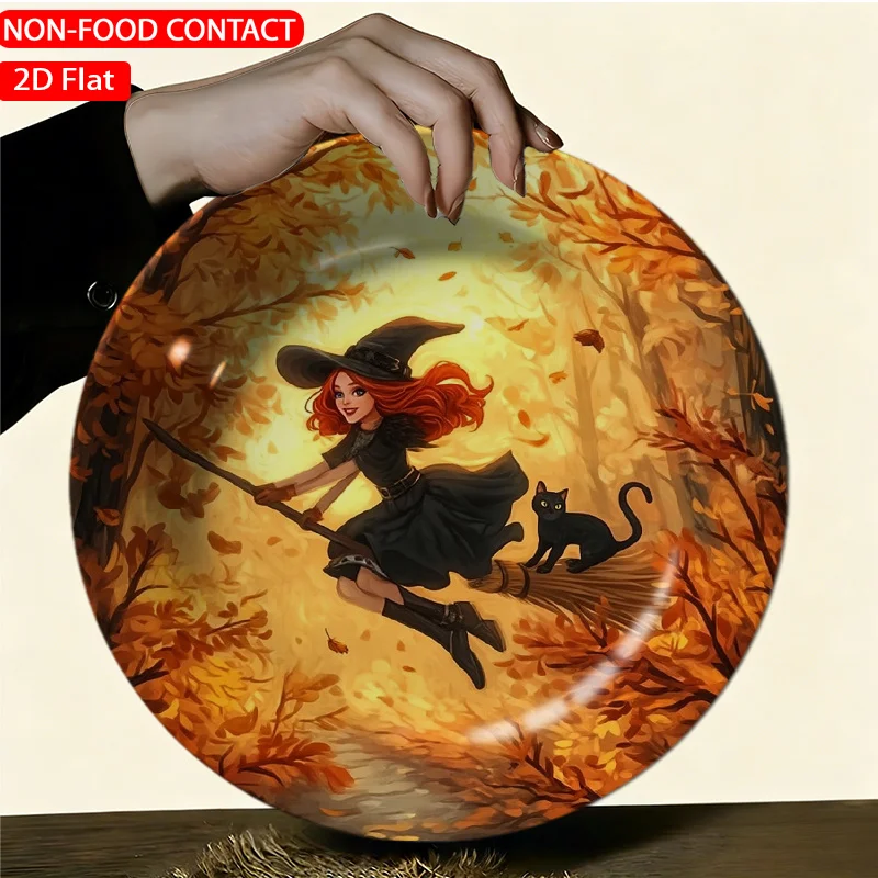 1pc of Stylish Ceramic Decorative Plate Featuring an Autumn Witch in Flight with a Black Theme, Designed for Non-Food Use.