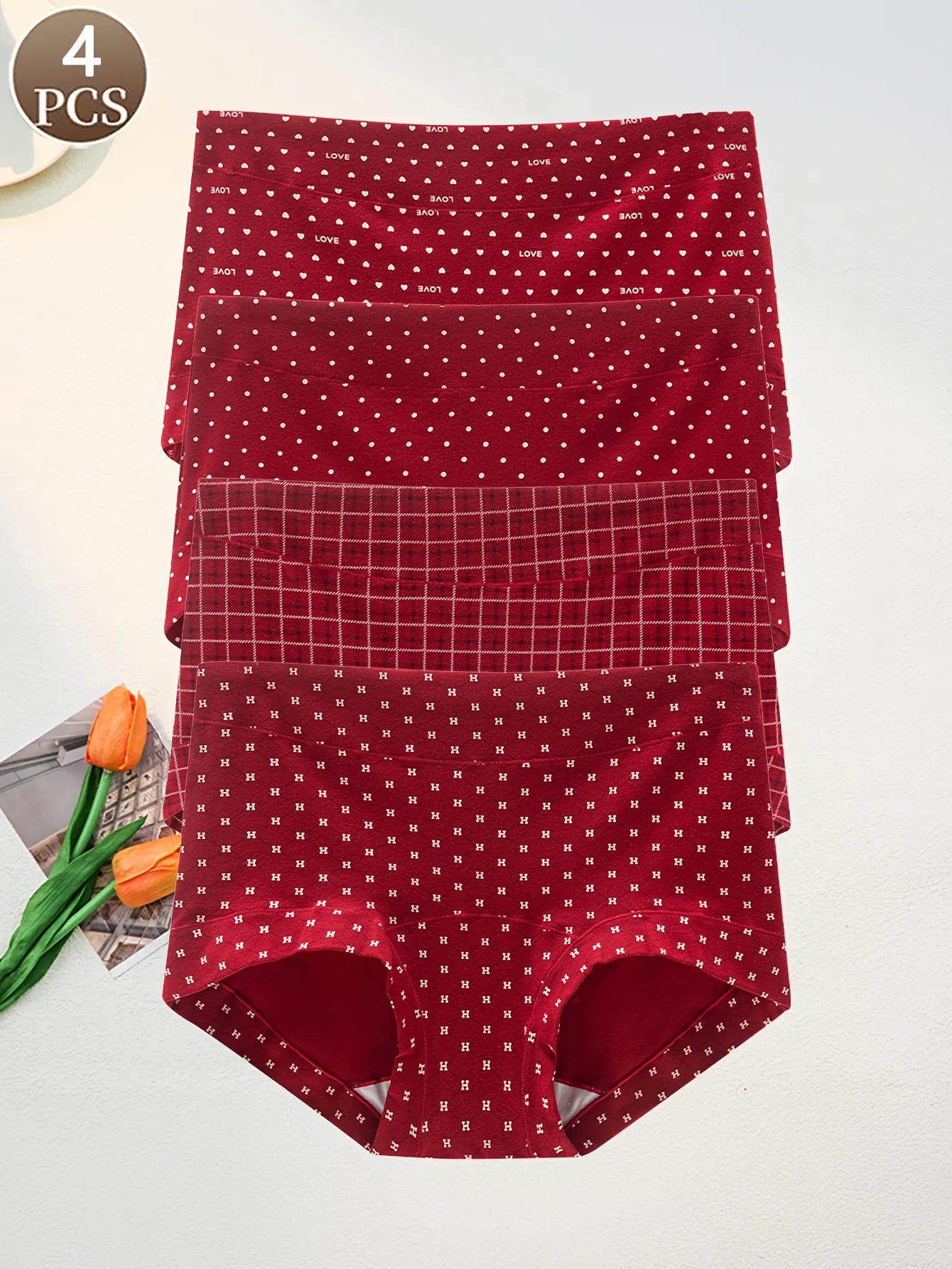 

4 шт. женские трусики с модными буквами и принтом сердца, мягкие и удобные повседневные и спортивные женские трусы со средней талией