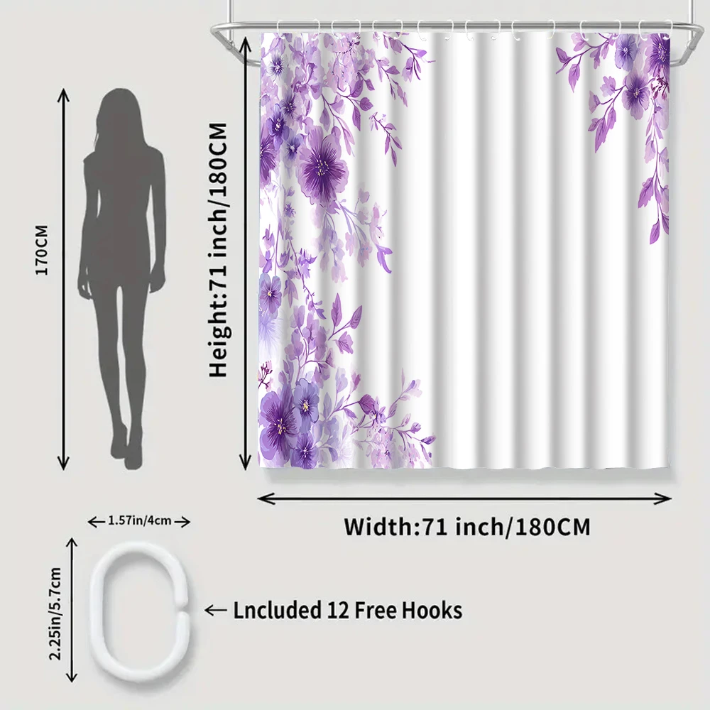 4/1 purple plants shower curtain set, toilet seat decoration, shower curtain with carpet and toilet lid, size 70.8x70.8 inche