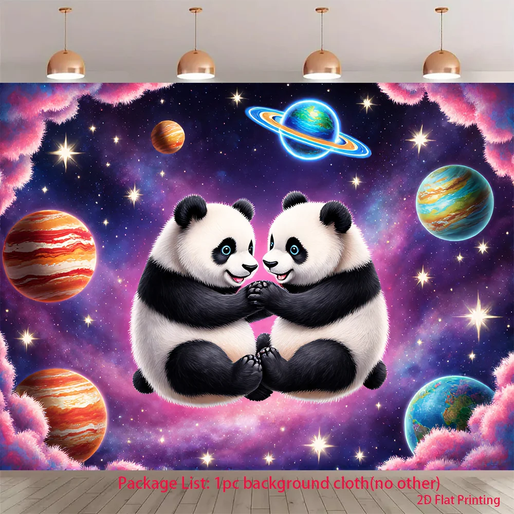 Cute Panda Galaxy Tapestry, Space Planet Wall Hanging, Cartoon Animal Decor for Kids Room Bedroom Living Room