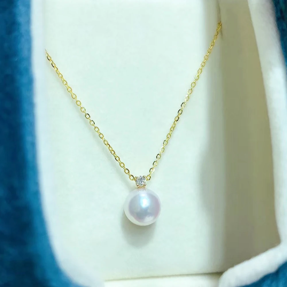 Crown Princess Real AU750 Gold Necklace Pendant for Women with 8-9mm Natural AKOYA Pearl Simple Delicate Versatile Accessories