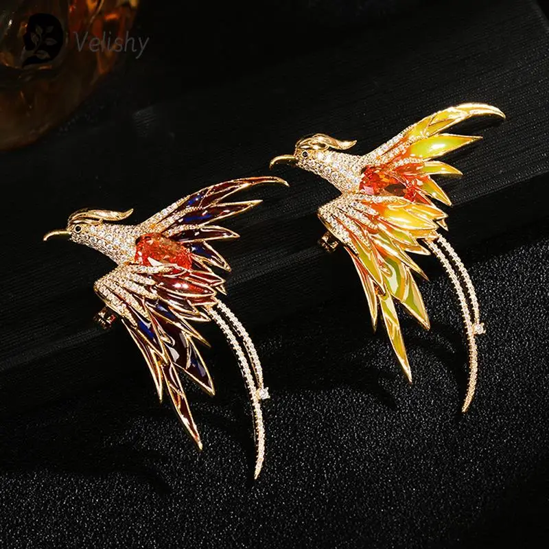 Crystal Enamel Phoenix Bird Brooches Animal Pin For Women Men 5-color Enamel Flying Beauty Bird Party Office Brooch Pin Gifts