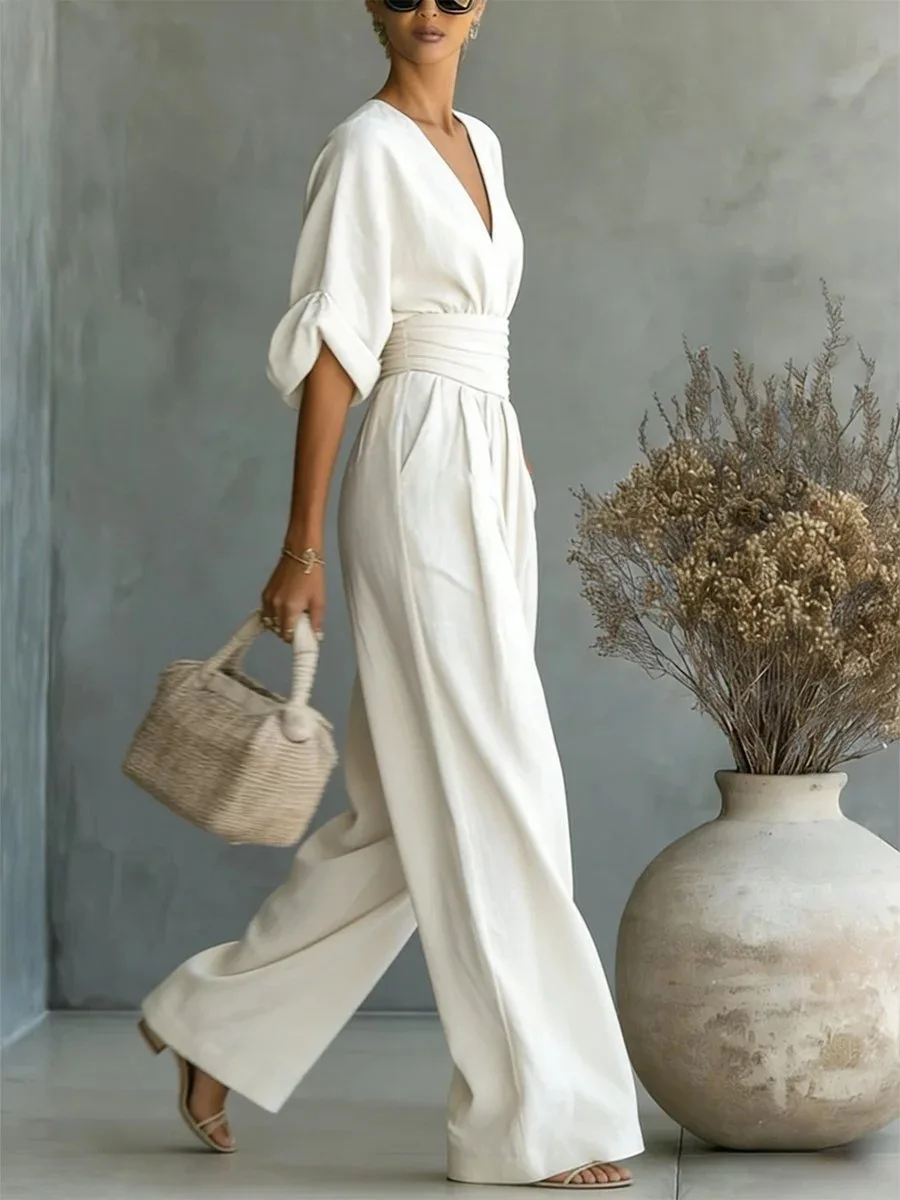 Combinaison pour femme tendance, taille haute, col en V, décontractée, sexy, couleur unie, pantalon large, tenue de bureau et de vacances