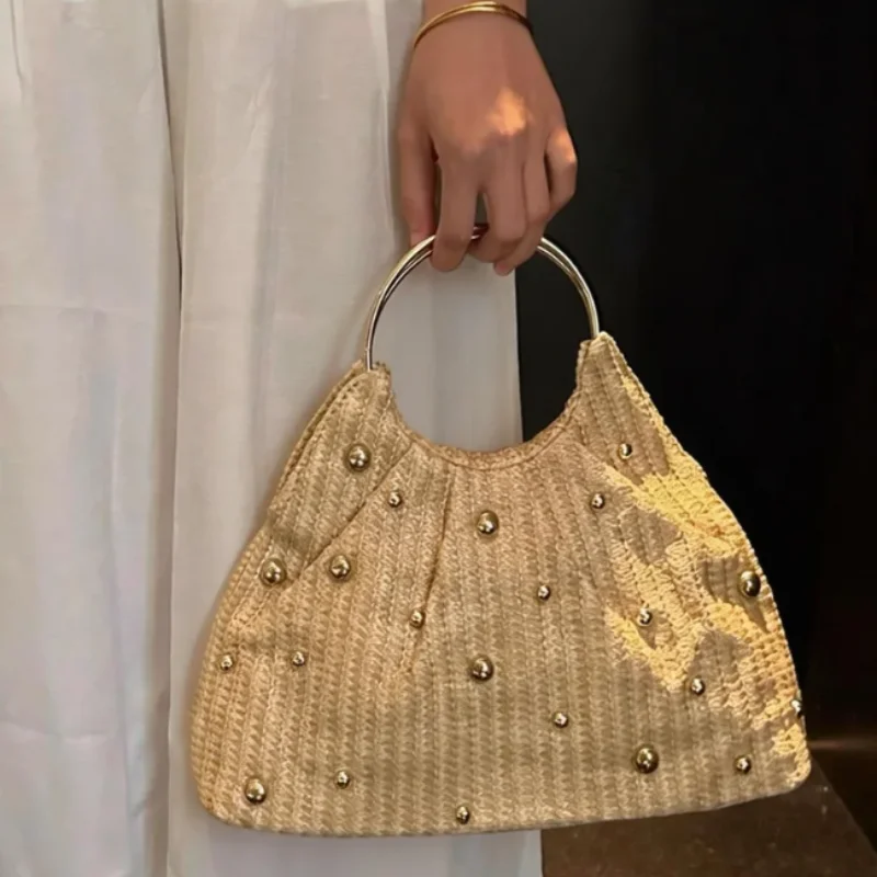 

Summer New Beaded Straw Handbag Circle Handle Clutch Bohemian Style Beach Vacation Tote Bag Elegant Evening Bag Women's Purse