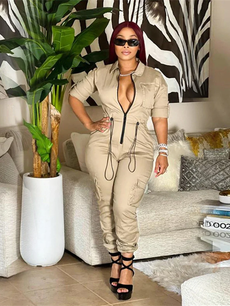 Fashion Safari Style Jumpsuits for Women Spring Y2K Clothing Zipper Up Pockets Long Rompers Playsuits One Piece Overalls Outfits