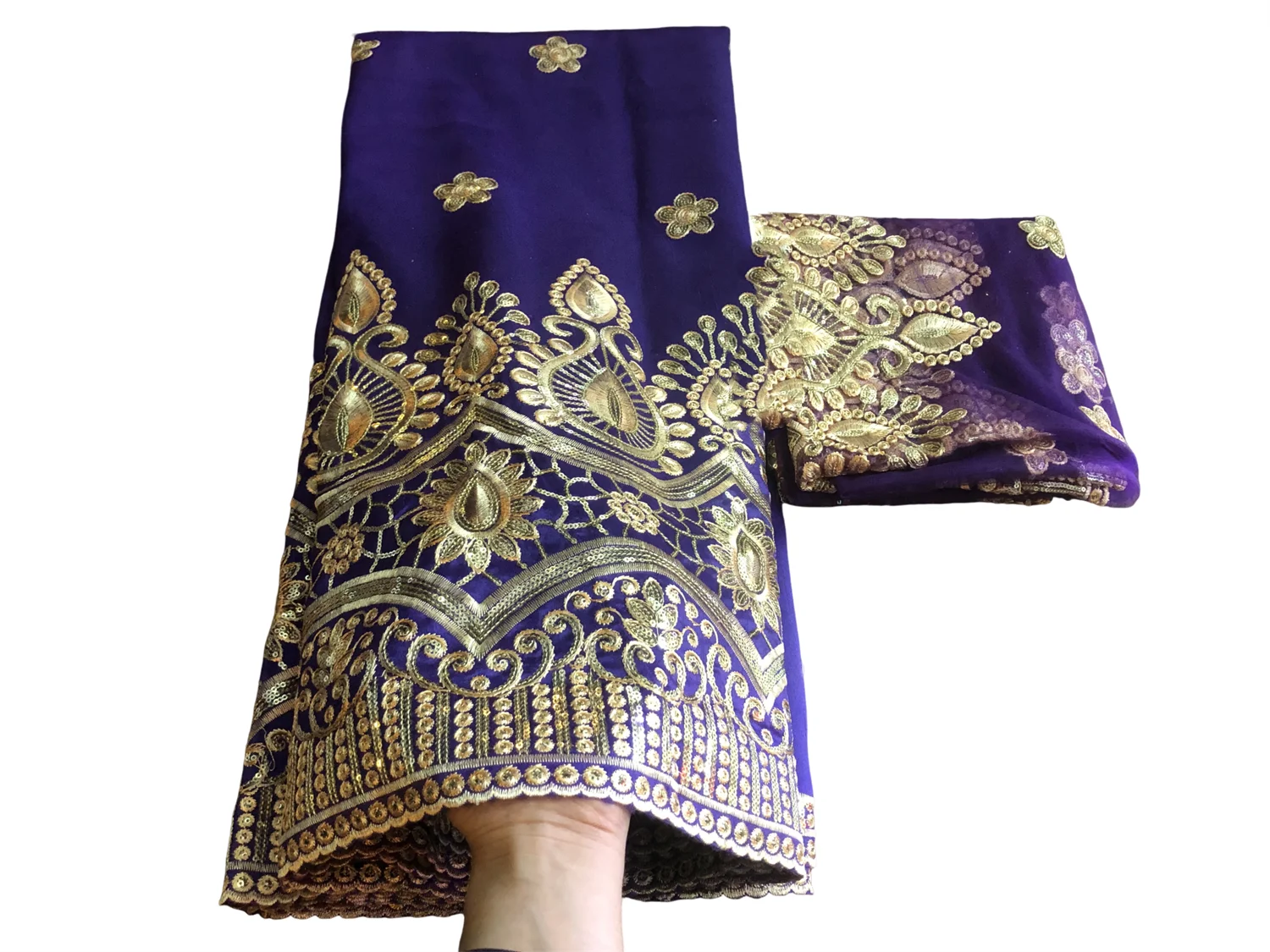 

Wholesale Purple African George Satin Lace Fabric High Indian George Wrappers Embroidery Blouse Lace Fabrics 5+2 Yards For Party