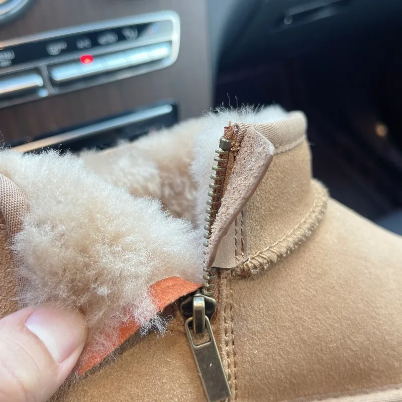 Bottes de neige courtes à l'offre elles épaisses pour femmes, fermeture éclair latérale, cuir de cercle, chaussures en laine avec polaire ajoutée, chaussures augmentant la hauteur