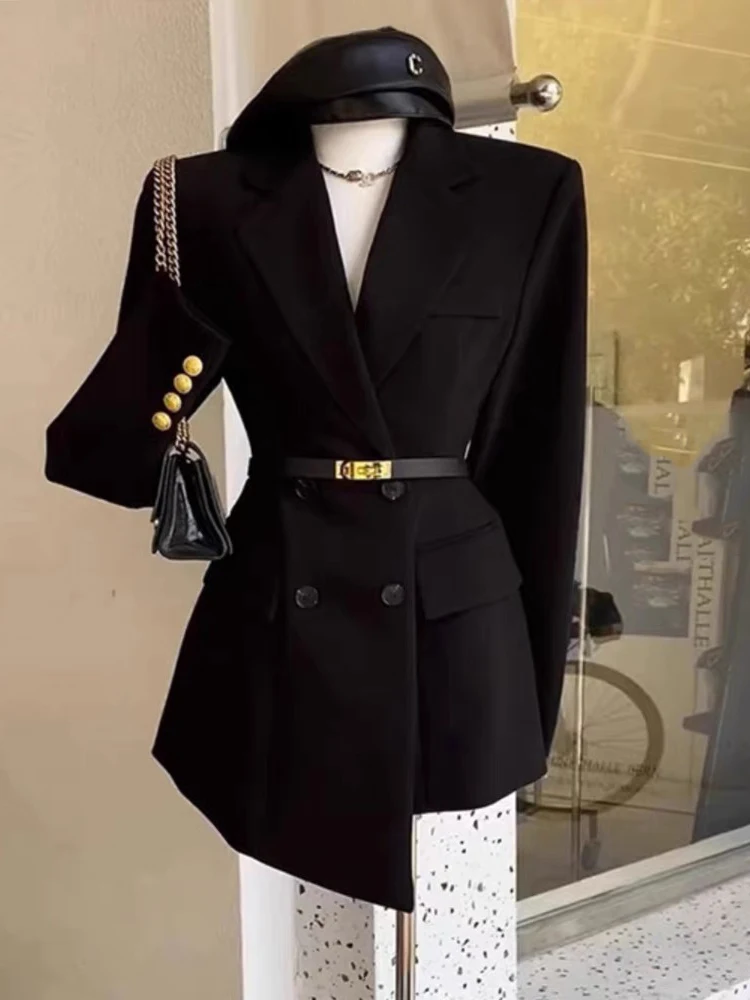 2023 New Autumn Black Suit giacca lunga High-end Slim Fit metallo doppio petto abito irregolare abito da donna giacca da ufficio