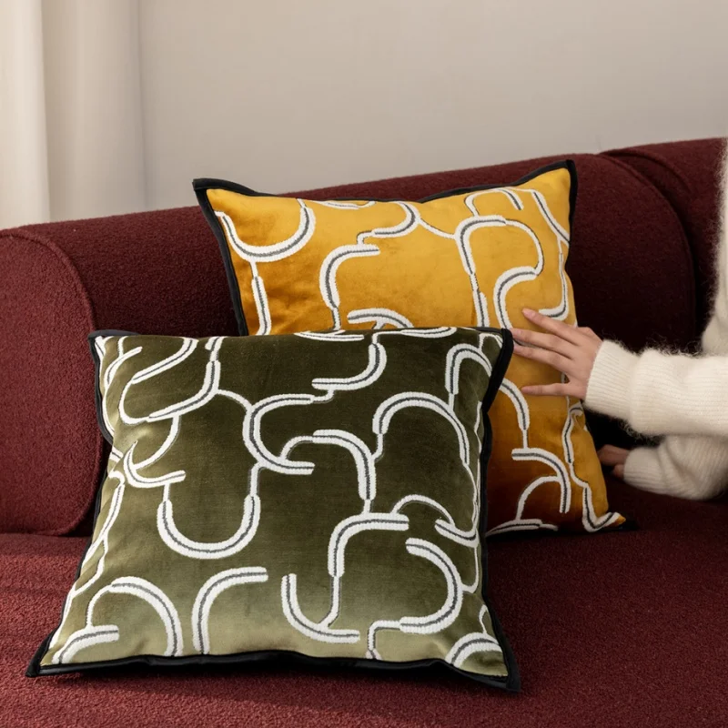 Modern Geometric Chain Throw Pillow Cover Mustard Yellow Velvet Cushion Case Luxury Olive Green Decorative Pillows For Sofa Deco