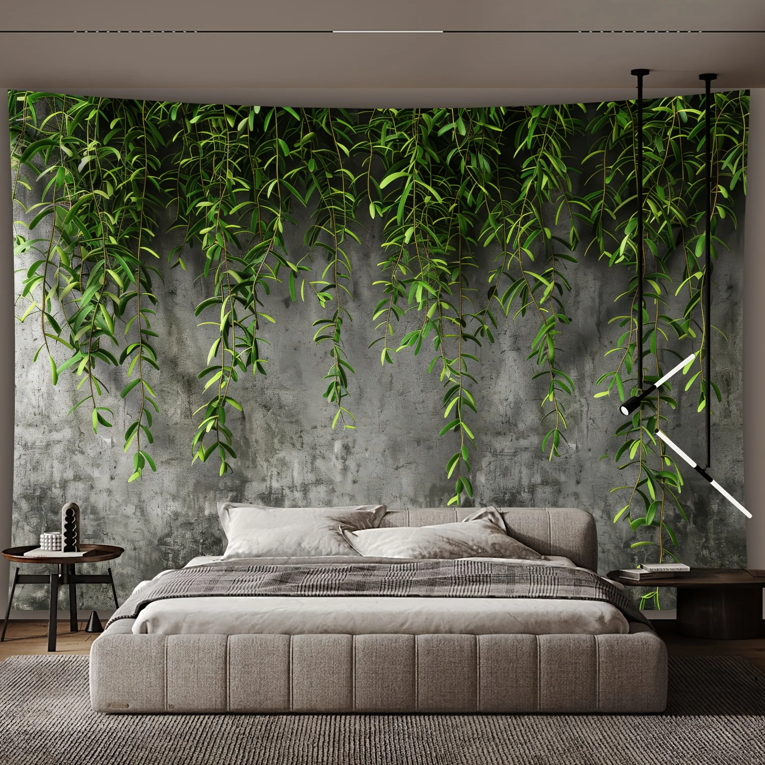 Botanical Tapestry Wall Hanging - Large Green Leaf Vine Pattern with Fringe, Boho Bedroom Decor for Gray Cement Walls