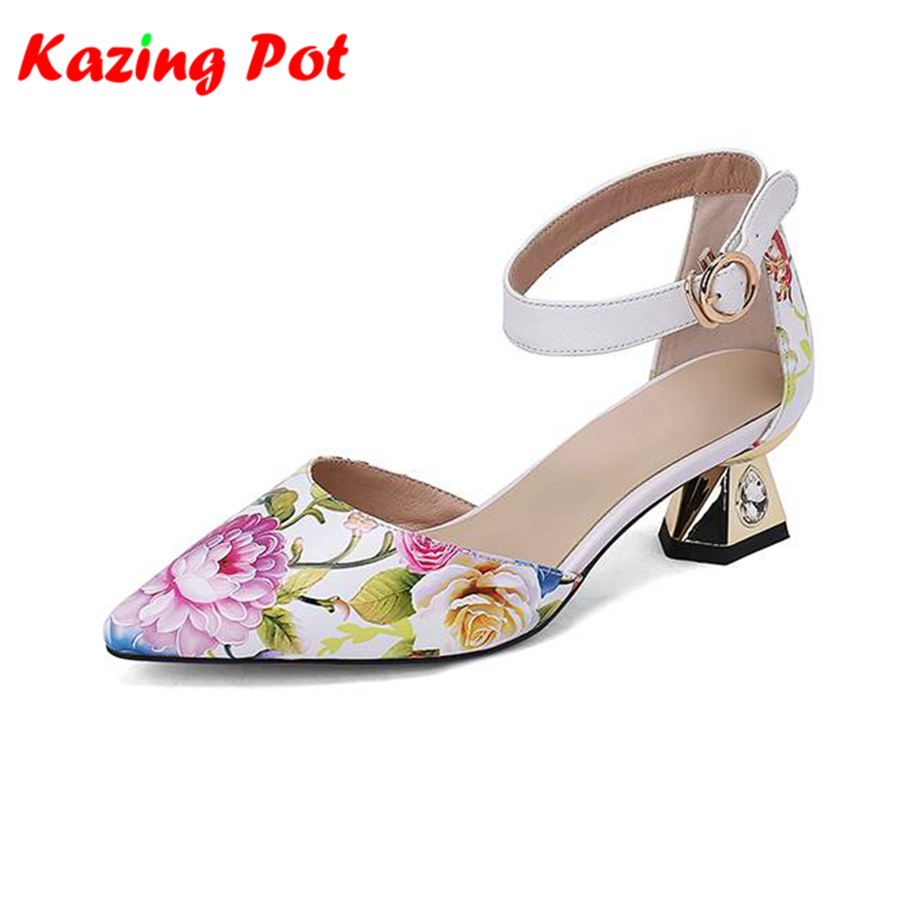 Krazing Pot Cow Skin Pointed Toe Thick Crystal Med Heels Summer Sandals Big Size 43 Oriental Style Prints Leather Women Pumps