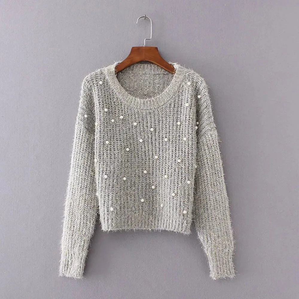 Autumn Winter Fashion Bright Beading Sweaters Women\'s Clothing Sweet O-Neck Solid Loose Knitted Tops Casual Korean Pullovers