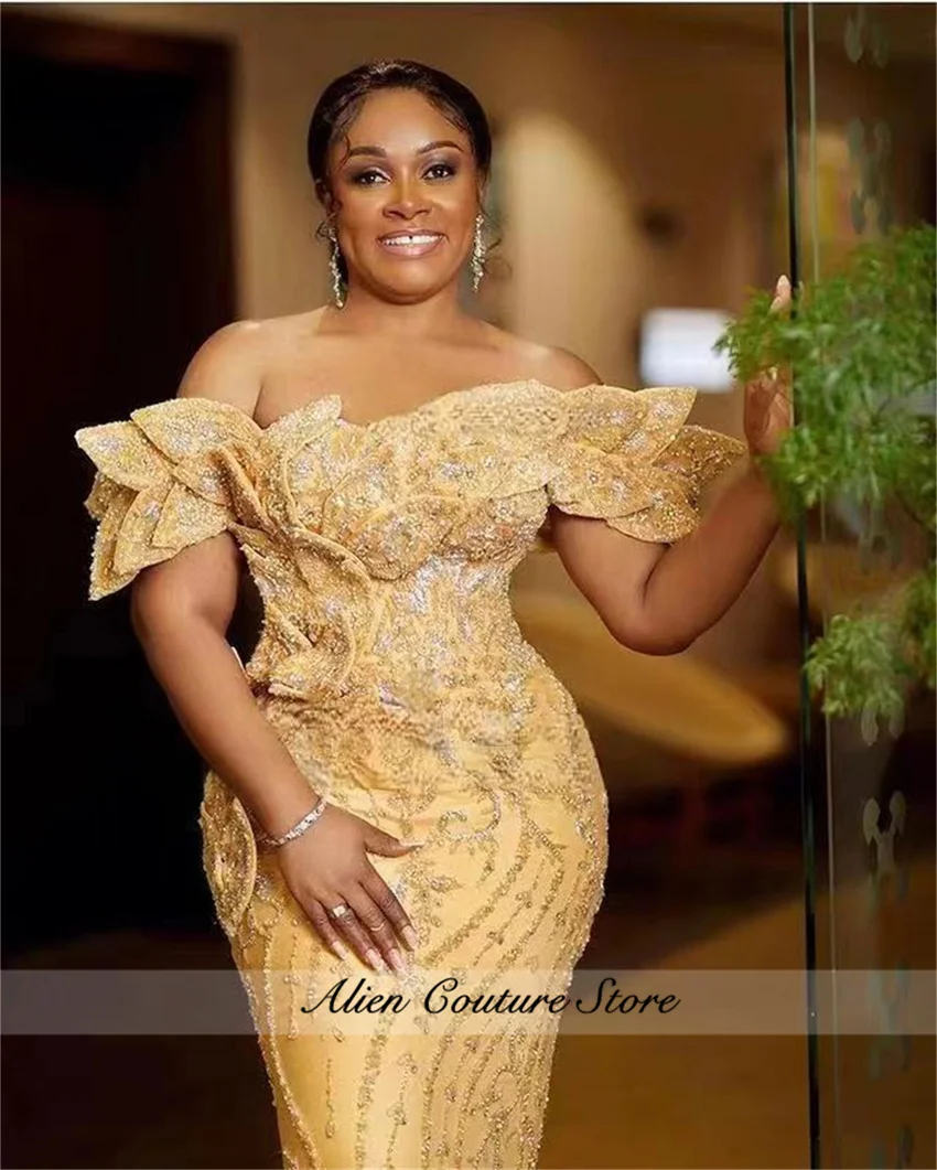 Żółte Złote Sukienki Wieczorowe Syrenka Bez Ramion Aplikacje Koraliki Kryształy Sukienka na Bal dla Afrykańskich Kobiet Sznurowane Szyte na Miarę