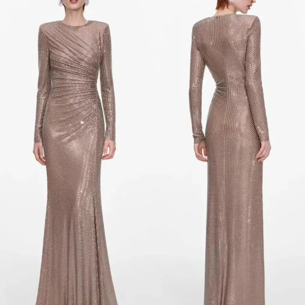 Women Rhinestone Mesh Long Sleeve Maxi Gown Side Slit Ruched Waist Mermaidfashion Formal Evening Dress