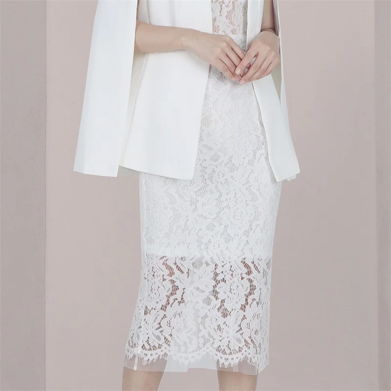 Lace White Women Saia Ternos Set Elegante Envoltório Jacket Com Suspender Prom Dress 2 Pieces Office Lady Midi Party Coat Em Stock