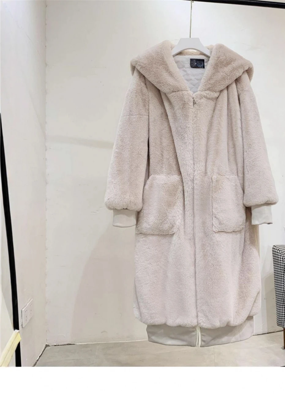 Płaszcz damski z luźnym krojem, gruby, z kapturem, średniej długości do długiego, z bawełną, styl jesienno-zimowy, 2025.