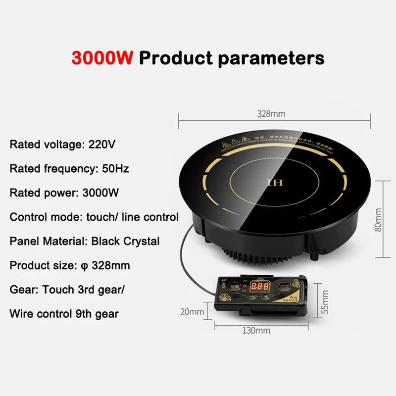 DMWD 3000 W runder elektrischer magnetischer Induktionsherd, Drahtsteuerung, schwarzes Kristallpanel, Eintopf, Kochfeld, Herd, Kochfeld, Hot Pot-Ofen