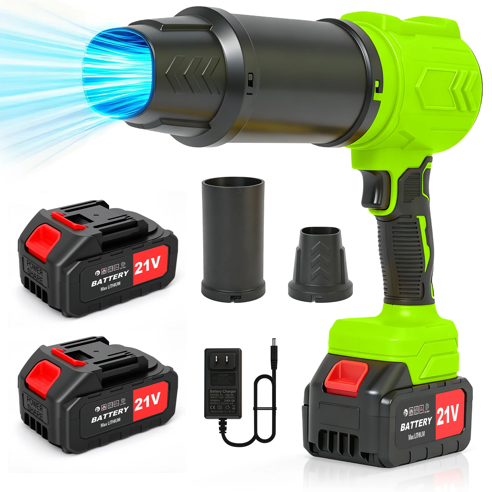 

Беспроводная воздуходувка для листьев с бесщеточным двигателем, 950000 об/мин, мощная турбо-воздуходувка, регулируемая скорость, 21В, 2 аккумулятора по 4.0 Ач, для уборки пыли