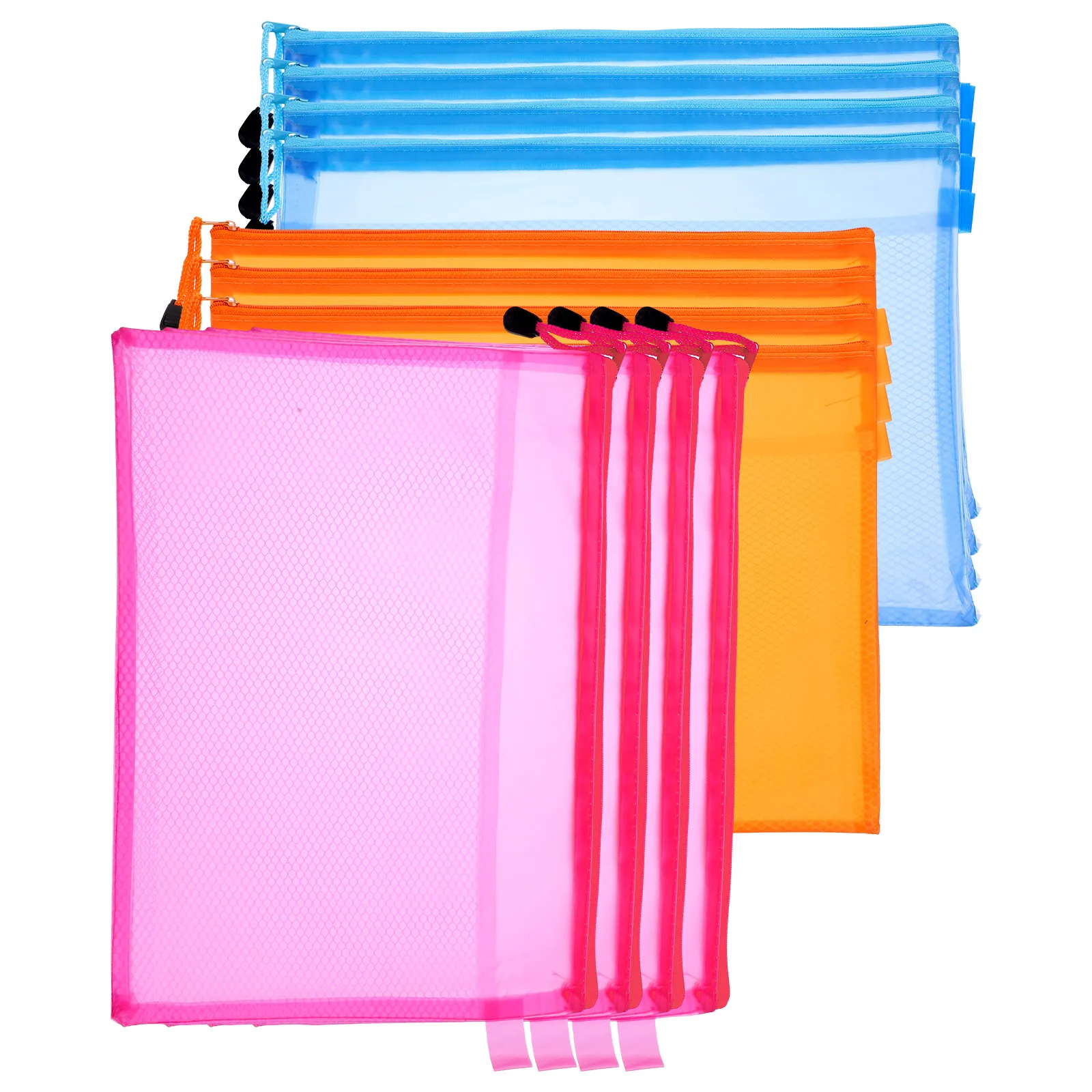 

12pcs PVC File Bag Transparent Zipper Document Organizer Storage Pouch A4 Size 3 Colors Stationery Toiletries Travel Folder