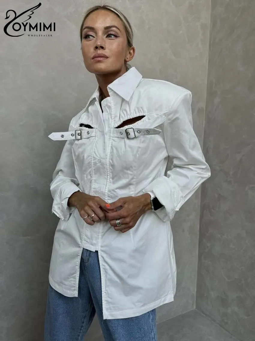 Oymimi Fashion White Hollow Out Shirts For Women Elegant Long Sleeve Single Breasted Blouse Casual Open Back Solid Shirts Female