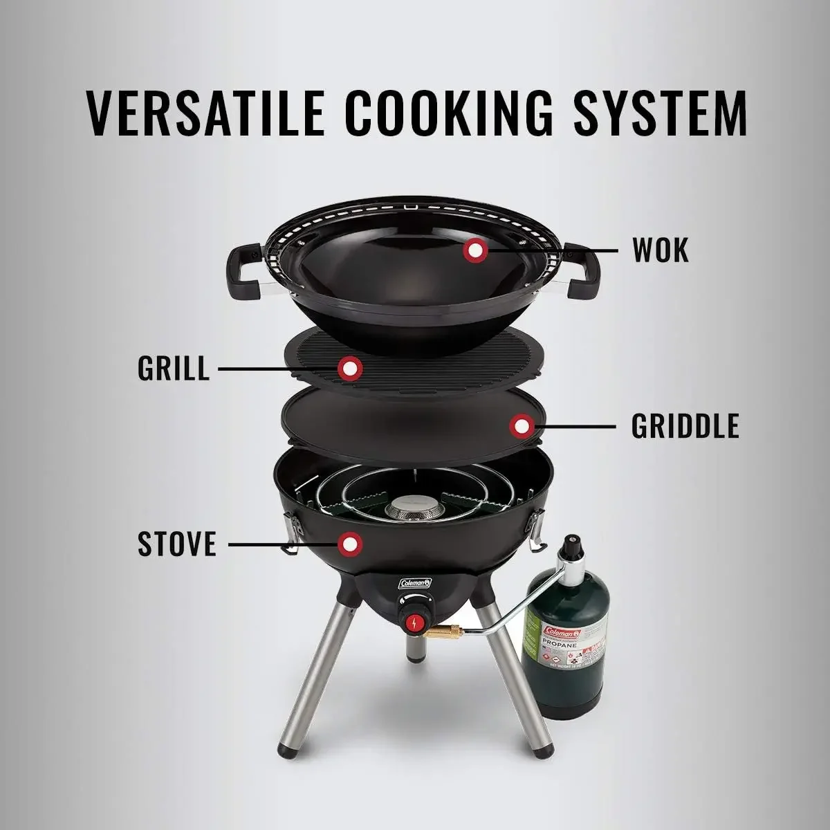 Gas Camping Stove Up to 7, 000 total BTUs Removable legs and cooktop inserts fit inside inverted wok for easy storage