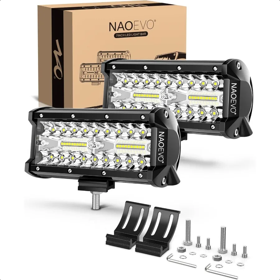 

NAOEVO 7 Inch LED Light Bar 240W 24 000LM LED Pods Off Road Fog Driving Lights with Spot Flood Combo for Truck Boat UTV ATV 2Pa