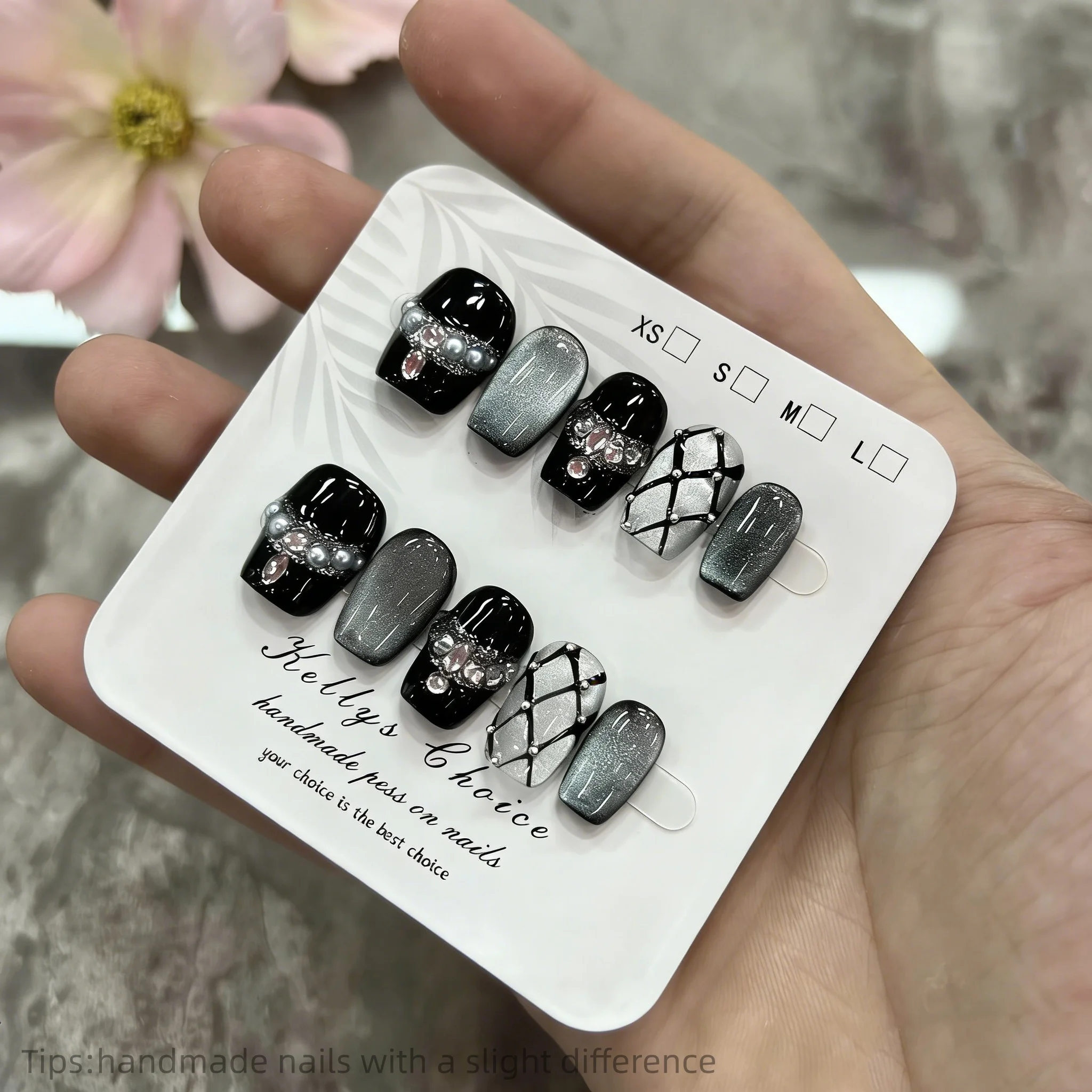 

10pcs Sweet Cool Press On Nails Black Cat eye Grid False Nails With 3D Diamond Design Y2K Fake Nail Tips