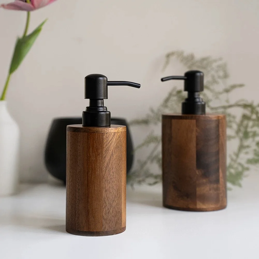 

Walnut pressed lotion divided bottle wooden high-end shower gel shampoo hand sanitiser lotion cream empty bottle