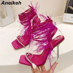 Aneikeh 2025 Sexy Rhinestone Feather Women Sandals Lace-up Summer Shoes Ankle Strap Gladiator Squared Toe Thin Heels Size 35-41