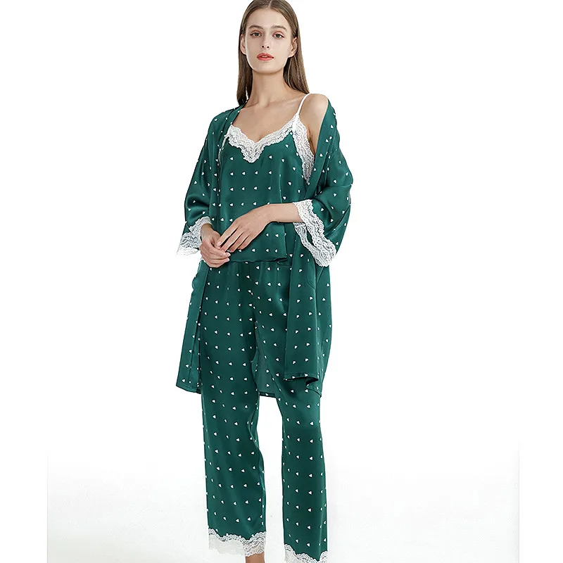 

19MM 100% Mulberry Silk 3pcs Kimono Robe and Sleeveless Pajama Set Dot Camisole Top and Trousers Pajamas with Cardigan Bathrobe