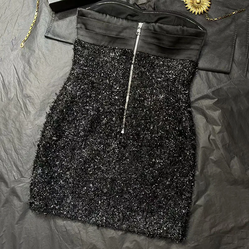 Women's Strapless Dress, Custom Tweed Fabric Dress, Sleeveless Backless Mini Dress, High-Quality Black Evening Gown, 2026, New