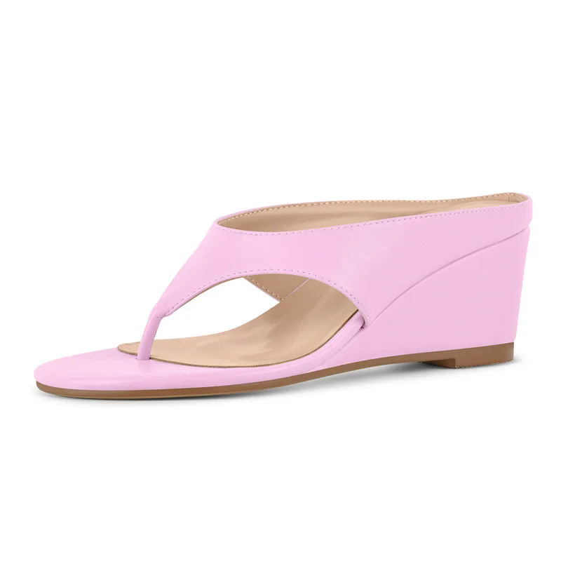 Onlymaker Women Pink Thong Wedge Mule Sandals Round Open Toe Slip On Slide Summer High Wedge Heel Flip Flop Sandals view 4