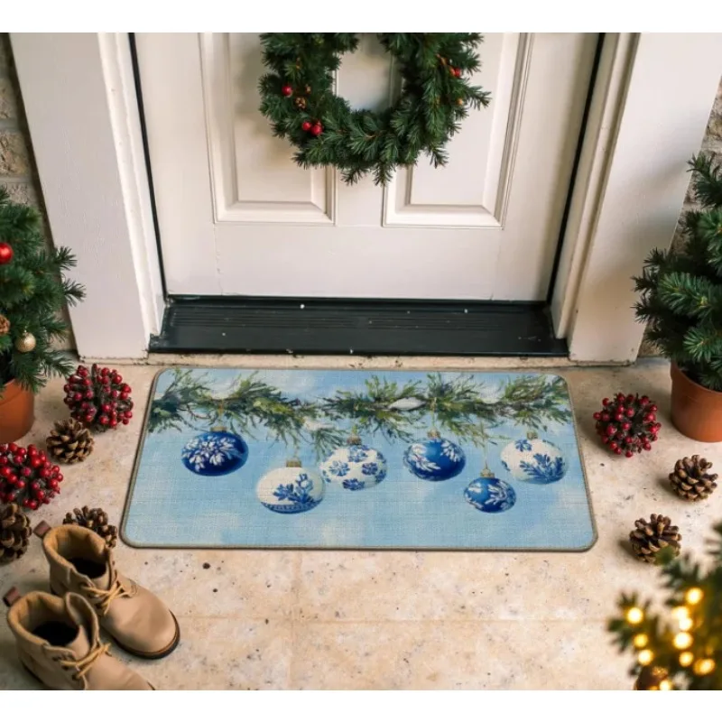 

Millennium Christmas doormat, blue and white Christmas ball decorated welcome mat, suitable for front door, porch and entrance.