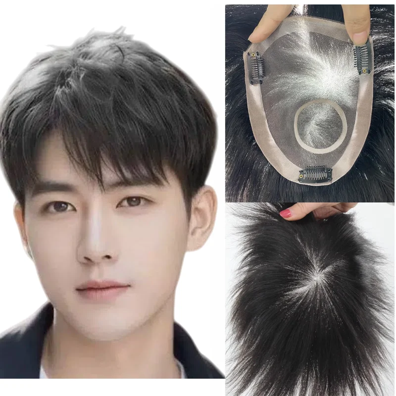 

Мужская часть волос, 100% человеческие волосы, моно-база, 6-дюймовая короткая кружевная передняя часть из искусственной кожи с зажимами, полностью завязанная вручную, черная