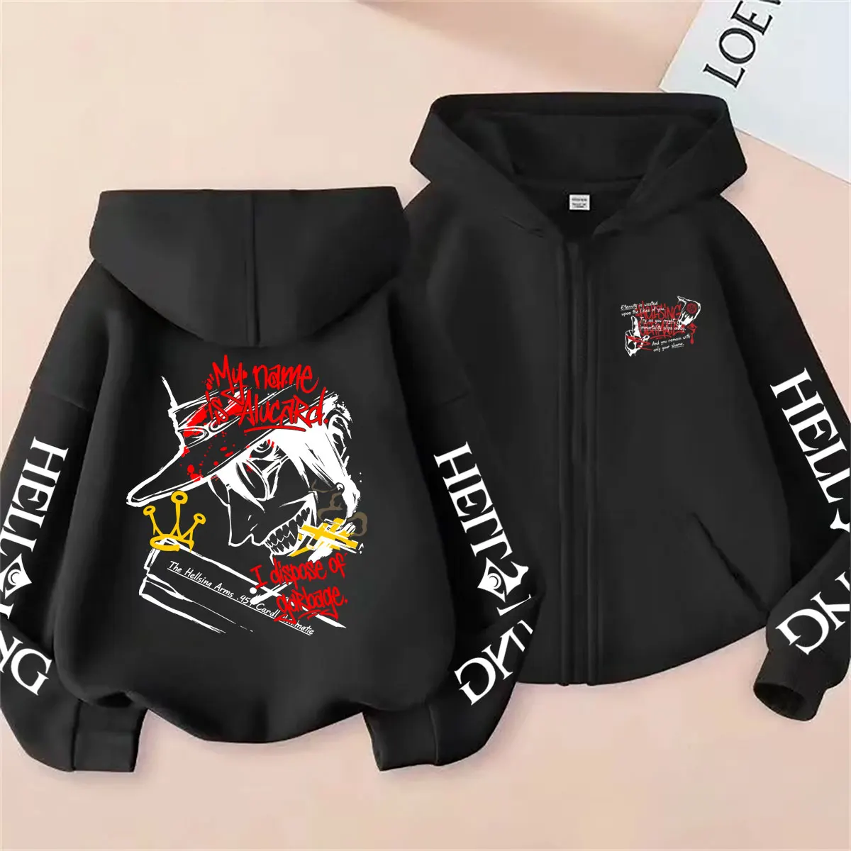 Anime Hellsing Vampir Alucard Grafik-Reißverschluss-Hoodie für Männer und Frauen, Manga Oversized Streetwear, Gothic Rock Zip-Up Jacke – Detail 3