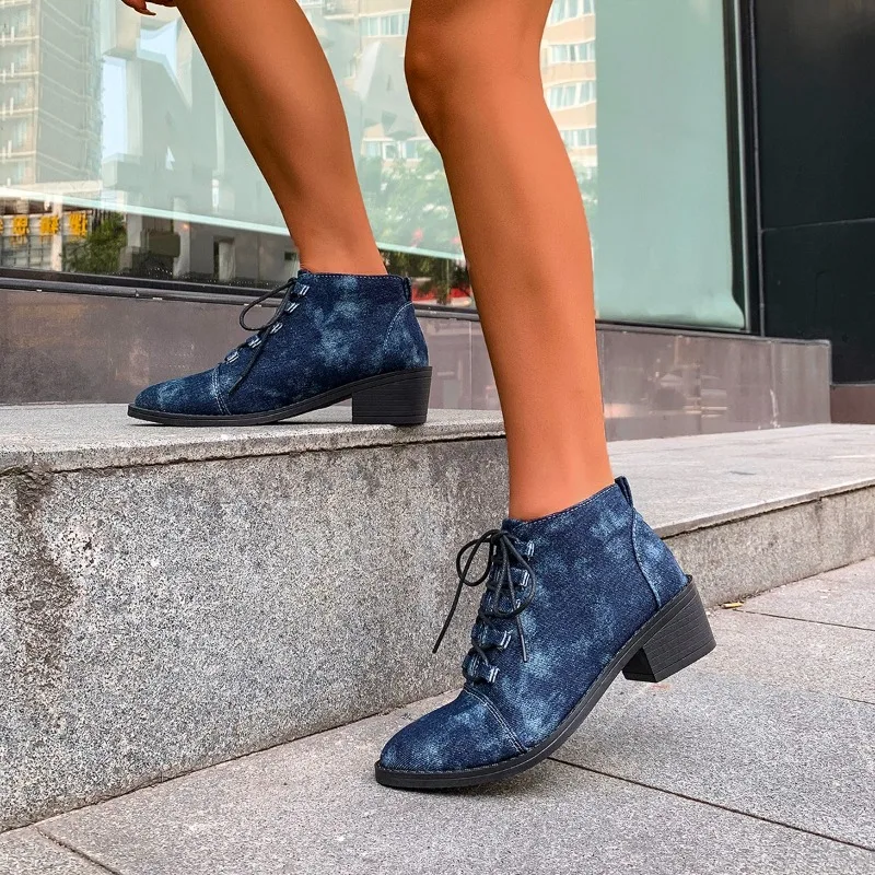 2025 Spring Autumn Fashion Retro Square Heel Short Boots Pointed Toe Lace Up Versatile Solid Color Elegant Women's Fashion Boots