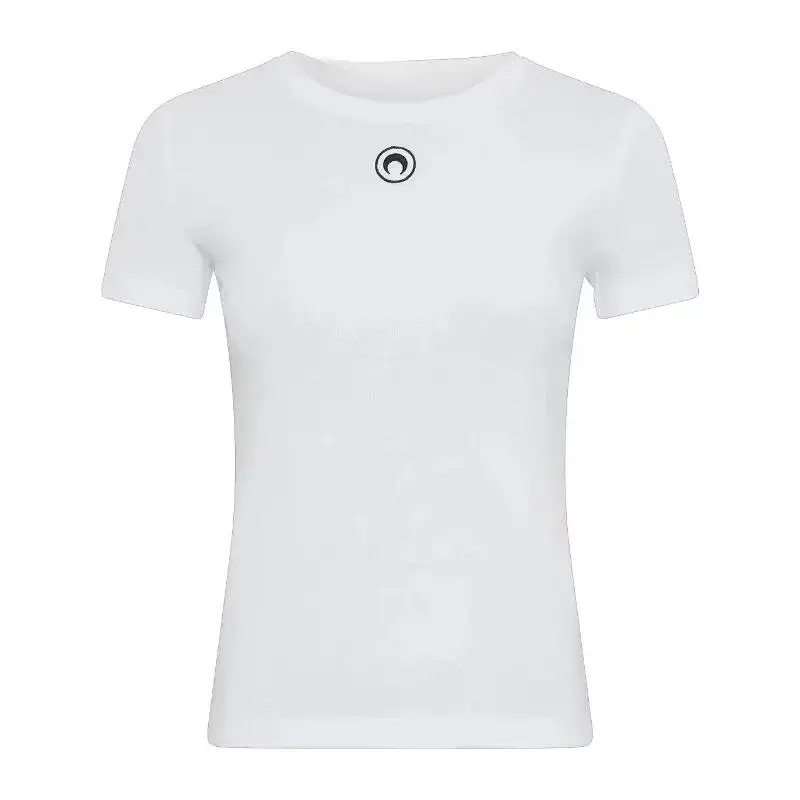 Retro Women's T-Shirt Summer Casual Slim Fit Short Sleeve Round Neck Solid Color Top Innerwear with Embroidered Moon Design