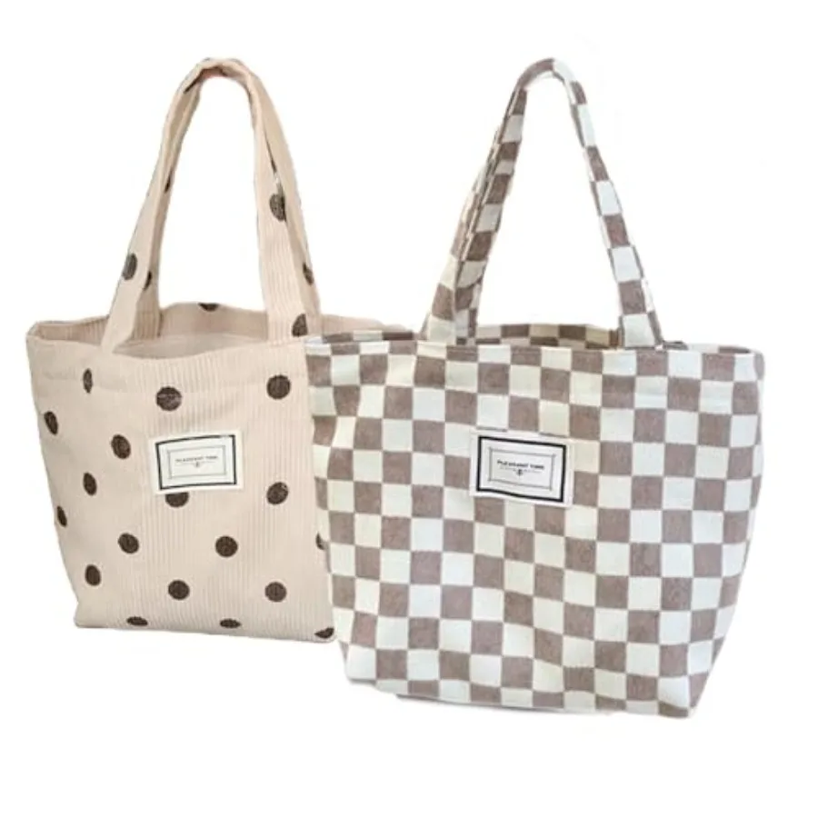 

2PCS Corduroy Small Tote Bag for Women Cute Checkerboard Mini Tote Bag Preppy Aesthetic Reusable Bags for Grocery Essentials Wa