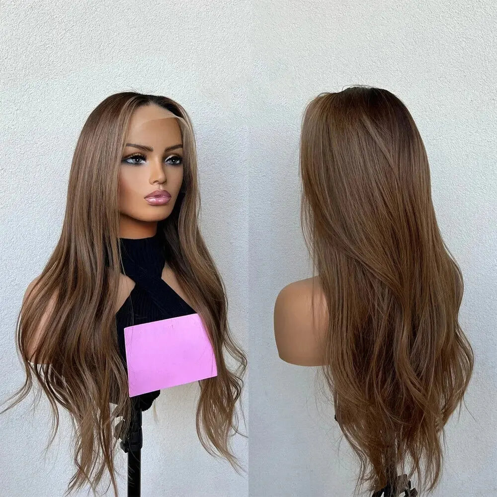 Lace Front Human Hair Blend Heat Ok Light Brown Wig Synthetic Women Soft Natural Wigs