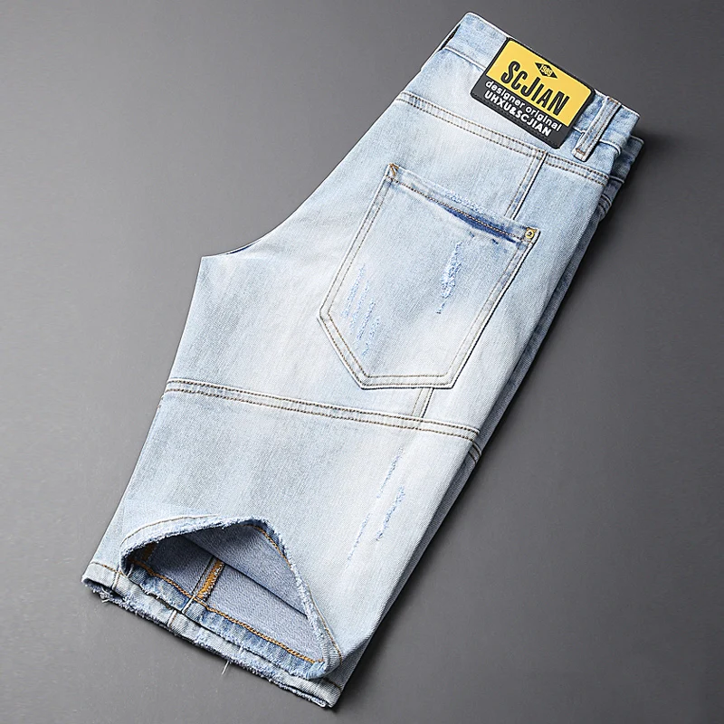 Summer Trendy Fashion Men Jeans Retro Light Blue Spliced Designer Elastic Ripped Short Jeans Vintage Casual Denim Shorts Men
