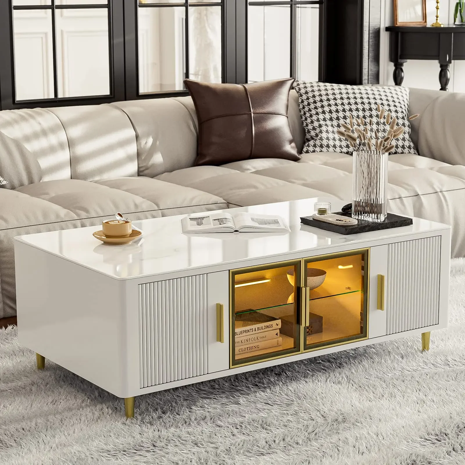 

Furniture Luxury Modern Gold Marble Coffee Table with Stainless Steel Base, Expandable