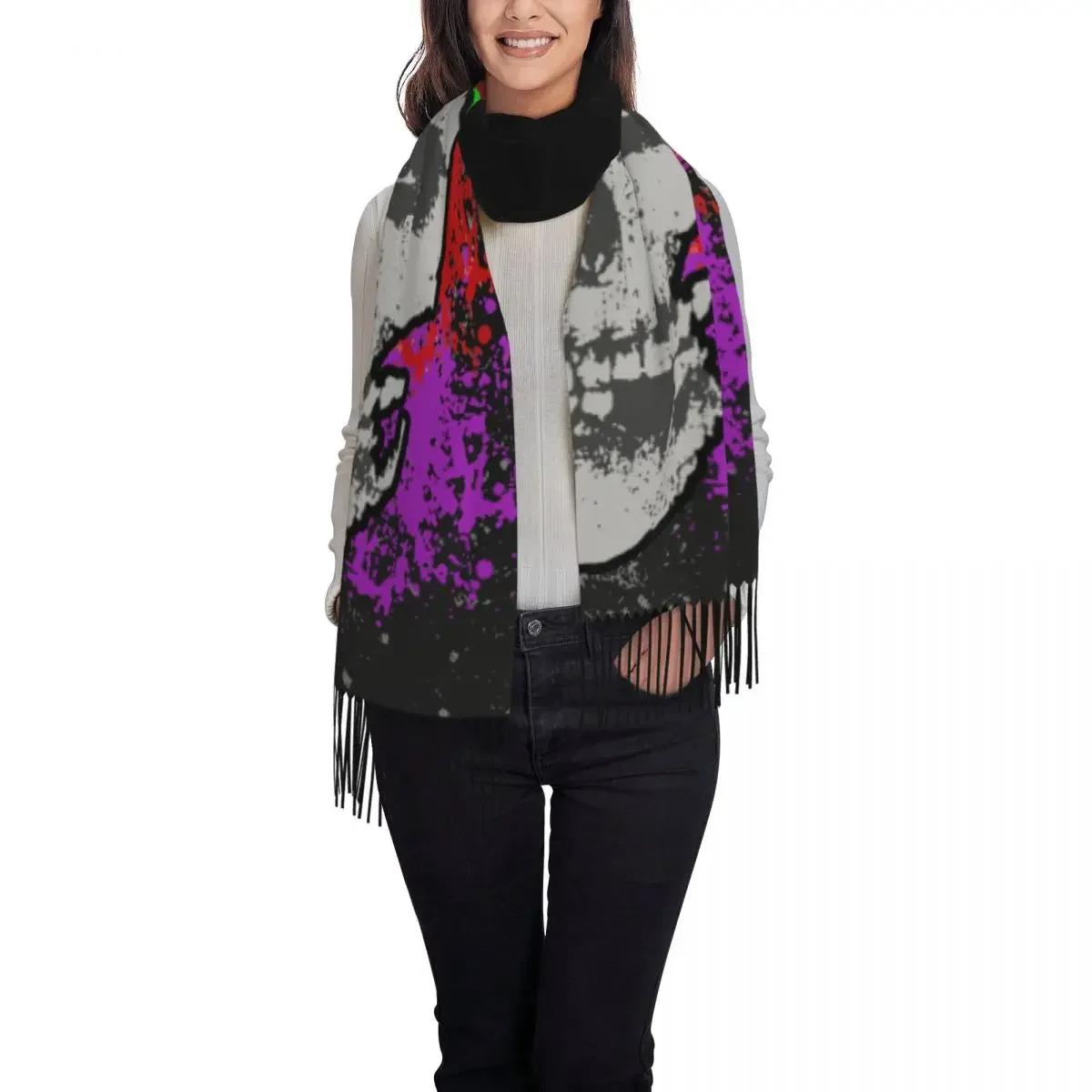 Custom Horror Punk Rock Misfits Skull Tassel Scarf Women Soft Shawl Wrap Lady Winter Scarves