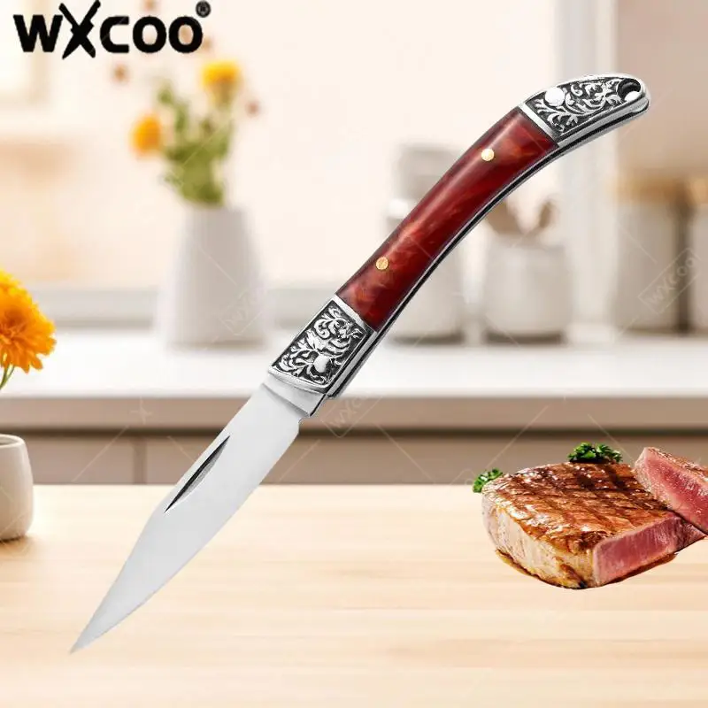 WXCOO Stainless Steel Folding Pocket Knife Kitchen for Easy Carrying Multifunctional Knives with Wooden Handle Fruit Knife