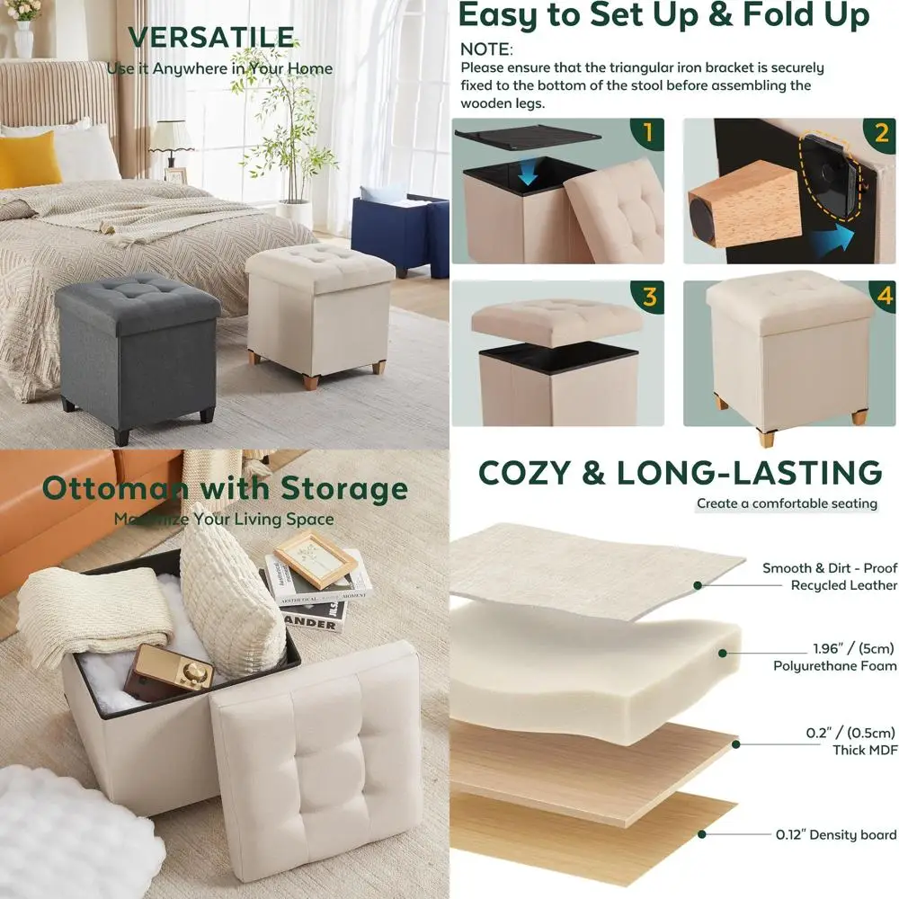 

17.7 Square Ottoman with Storage, Linen Fabric, Suitable for Dorms and Living Spaces, Beige