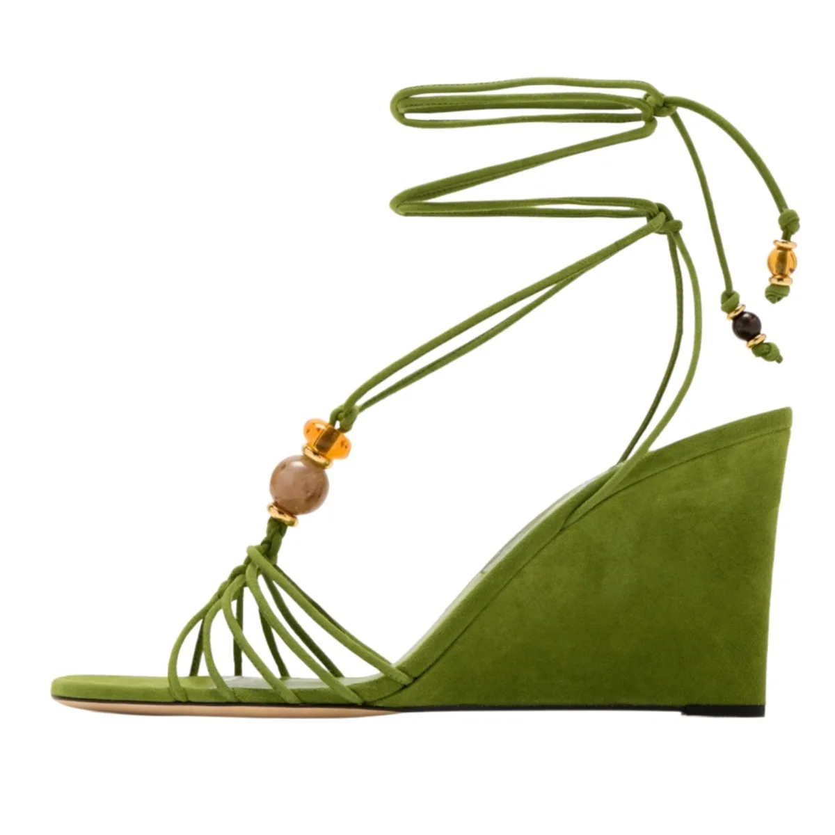 Women New Boho Style Suede Wedge Heel Sandals Ankle Wrap Lace Up Natural Amber Bead Square Open Toe Summer Shoes