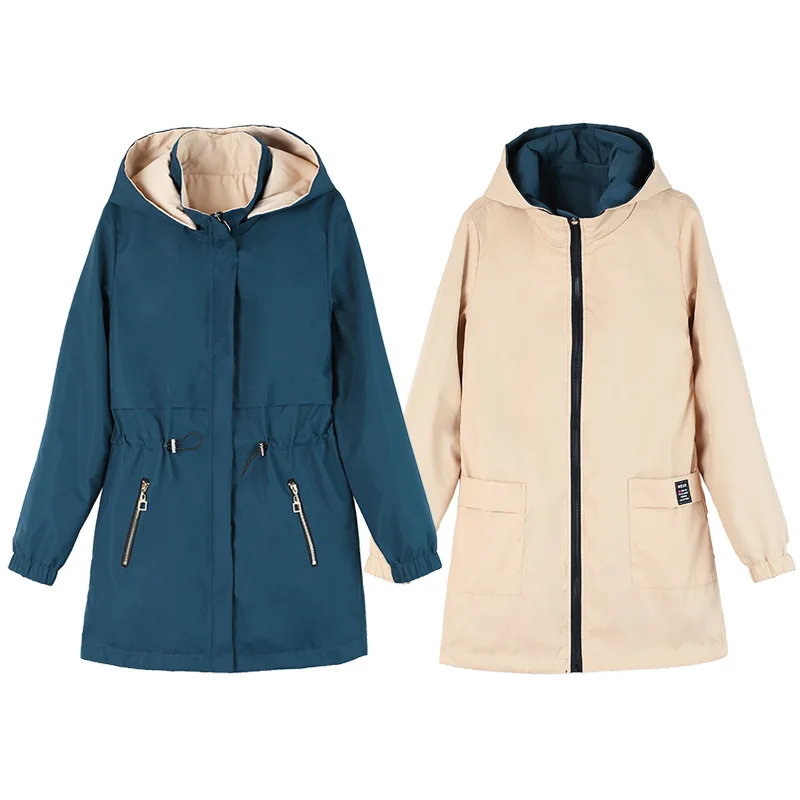 Double-sided Trench Coat Women Mid Long Coat Spring Autumn New Removable Hat Large Size Fashion Loose Top Female Windbreakers