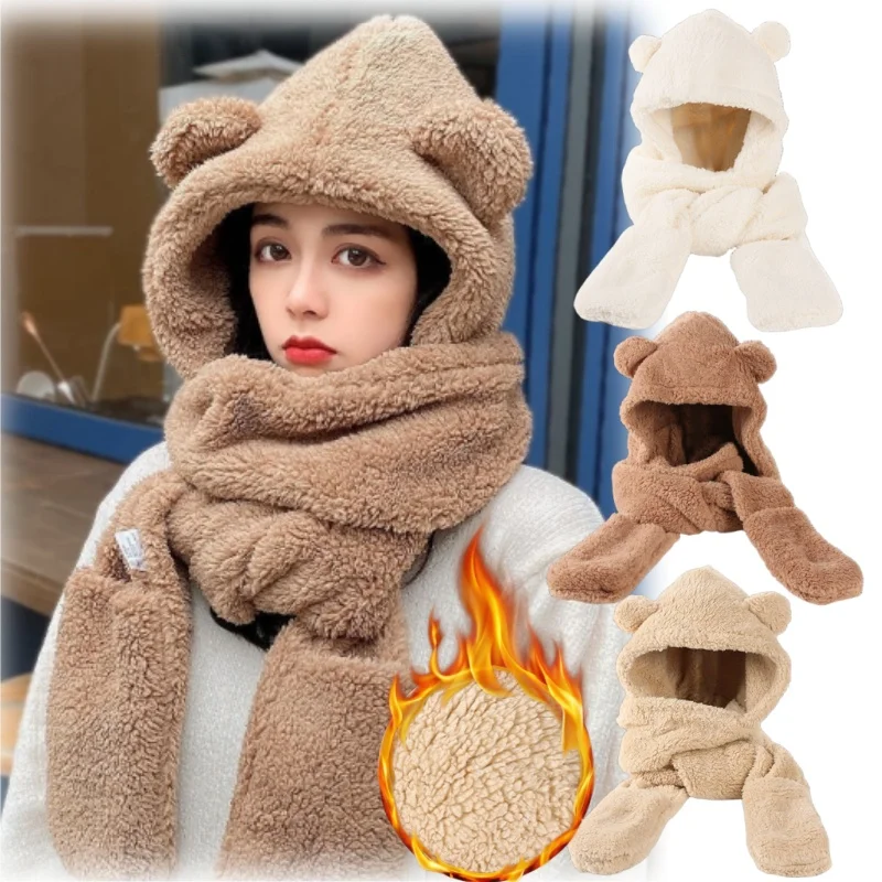 

Winter Bear Earmuffs Scarf Mittens Set Thermal Plush Fleece Lined Connected Hat with Scarf and Gloves for Cold Weather Girls